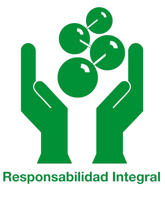 Dos manos verdes sostienen varios círculos conectados, con el texto "Responsabilidad Integral" debajo.