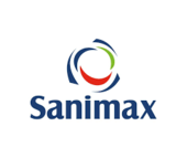 Logotipo de Sanimax con un diseño abstracto en azul, verde y rojo sobre el nombre.