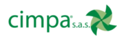 Logotipo de la empresa Cimpa S.A.S. con el texto y un diseño de hoja verde a la derecha.
