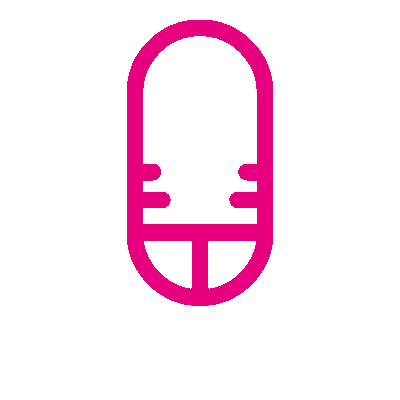 Micrófono rosa y blanco con diseño simplificado sobre fondo negro.