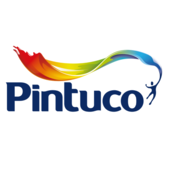 Logotipo de Pintuco con texto azul y una curva de colores que forman un espectro, desde rojo hasta azul.