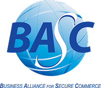 Logo de BASC sobre un fondo de globo azul, con el texto "Business Alliance for Secure Commerce" en la parte inferior.