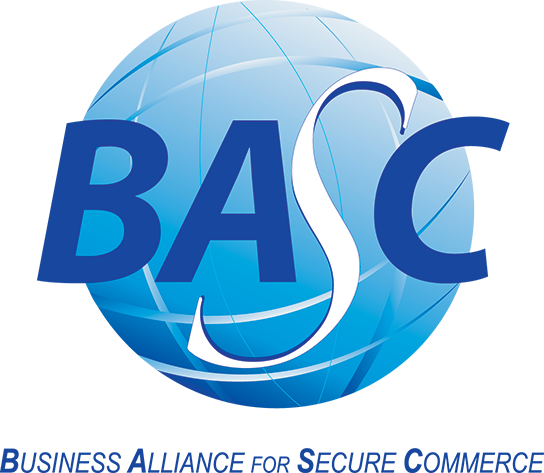Logotipo de BASC con un globo azul de fondo y las palabras "Business Alliance for Secure Commerce" debajo.