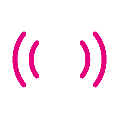 Ícono con un círculo blanco rodeado de cuatro líneas curvas rosas que sugieren señales, sobre fondo negro.