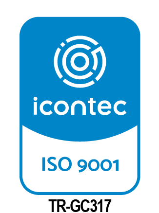 Logotipo de Icontec con texto "ISO 9001" en fondo azul y blanco.