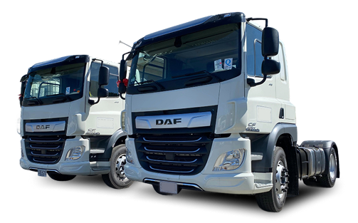 Dos camiones blancos DAF estacionados uno al lado del otro.