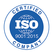 Logotipo circular azul y blanco con texto "ISO 9001:2015 Certified Company" y un globo en el centro.