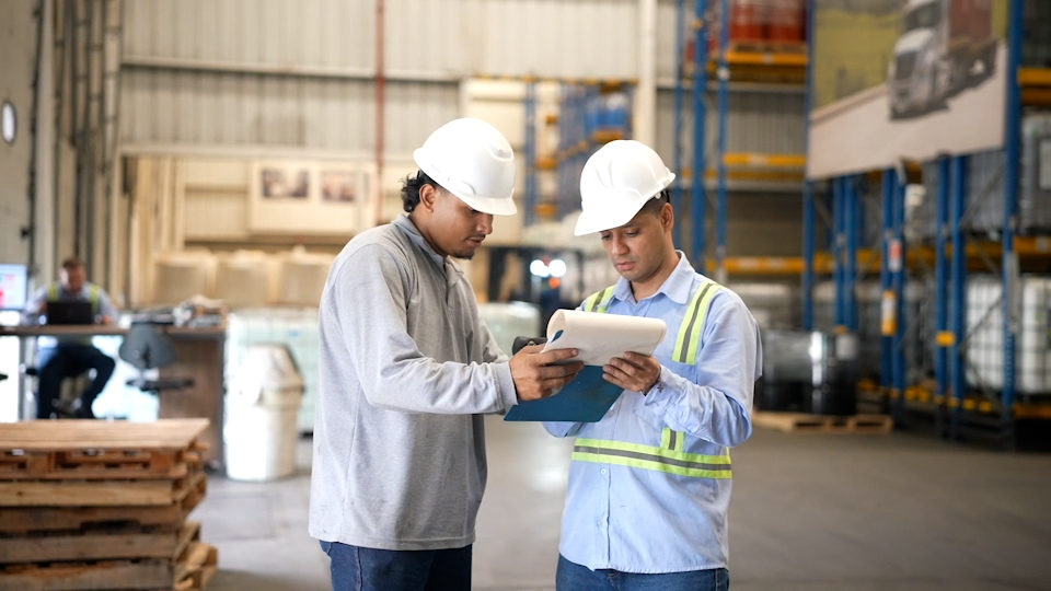 Dos personas con cascos revisan documentos en un almacén con estanterías altas y palés de madera.