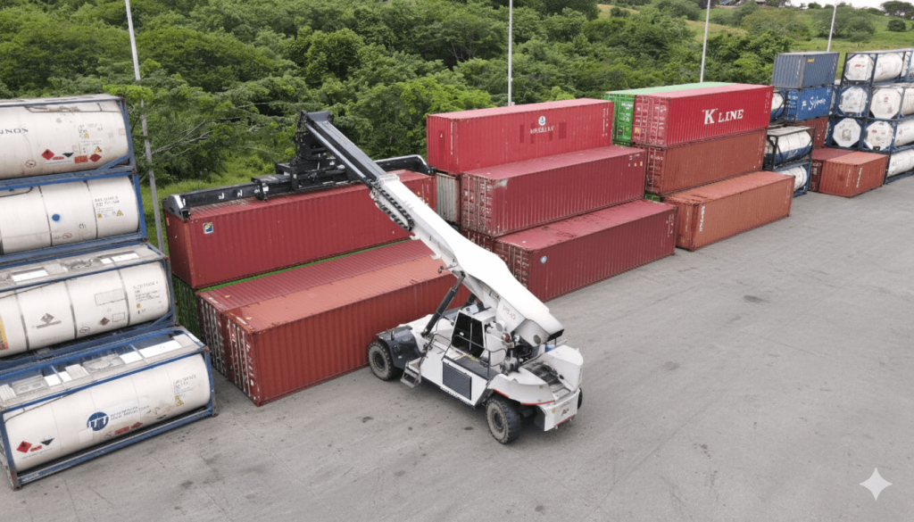 Montacargas levantando un contenedor rojo en un puerto de carga con varios contenedores apilados alrededor.